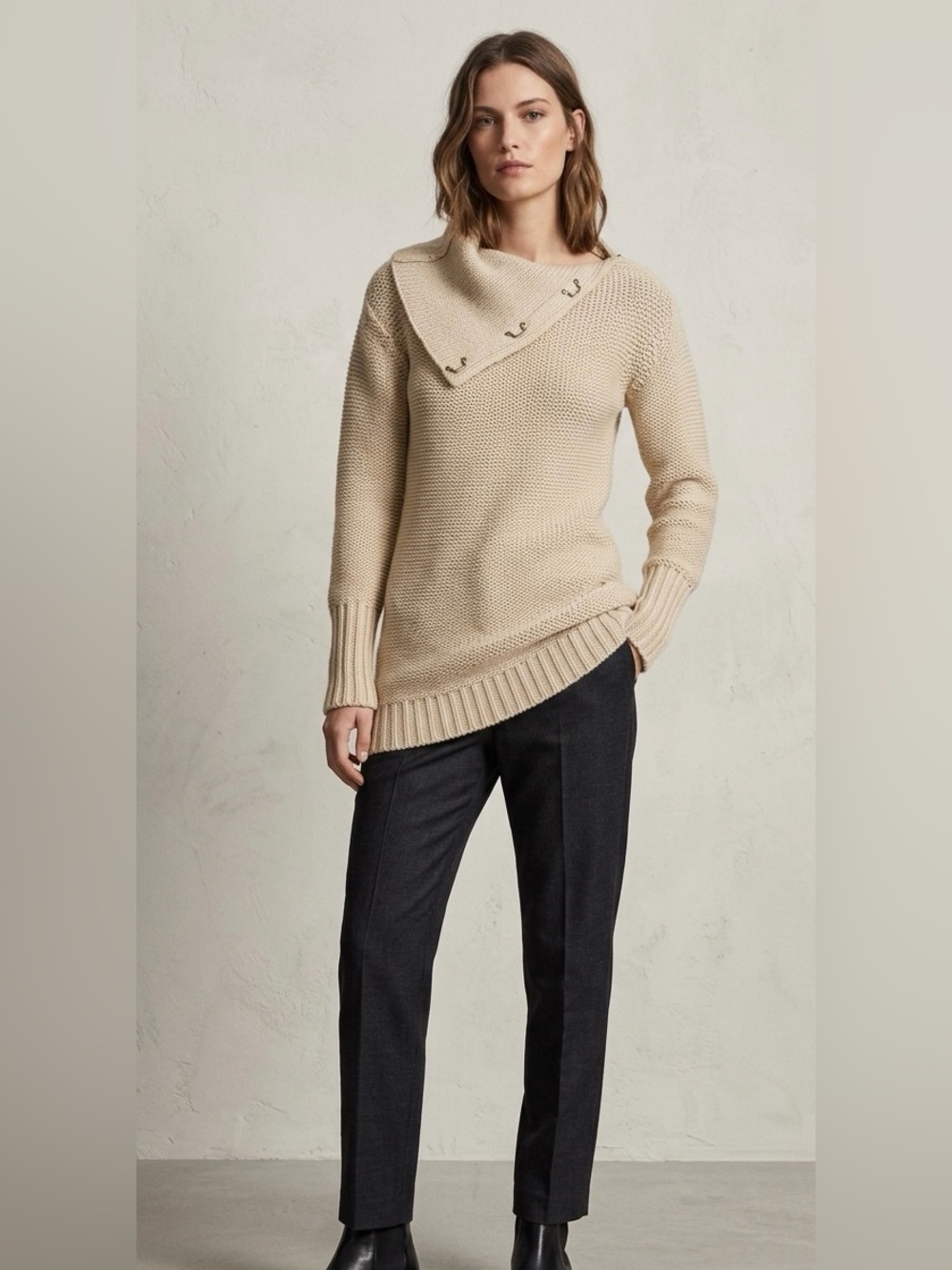 Brochu Walker Cream Asymmetrical Hook-and-Eye Funnel Neck Tunic Sweater XS